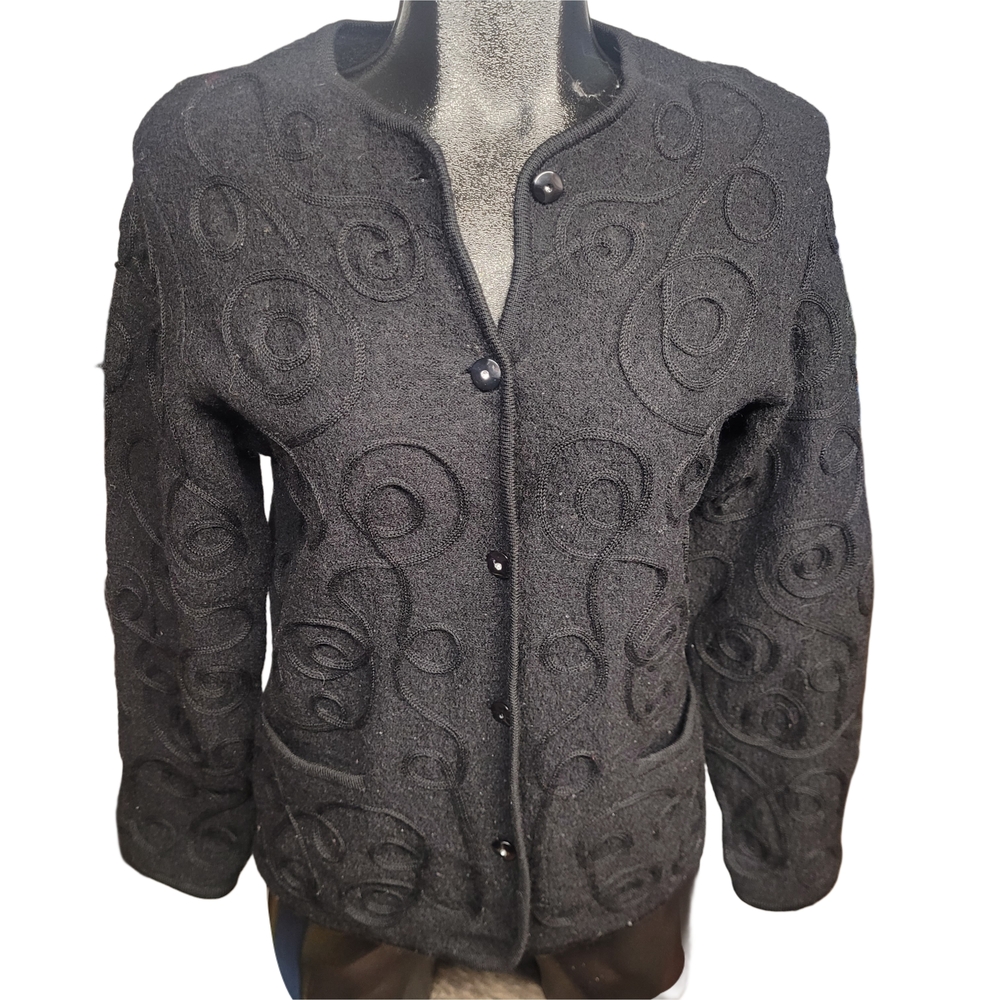 Vintage Tabi Black Embroidered 100% Wool Button-Up Cardigan Chore Coat S